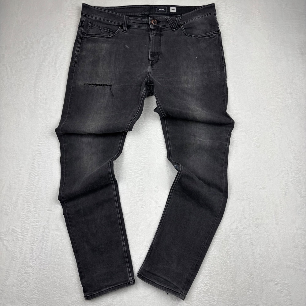 Volcom Solver Modern Tapered Jeans Mens 36x30 Gray Distressed Skate Denim CA5-35